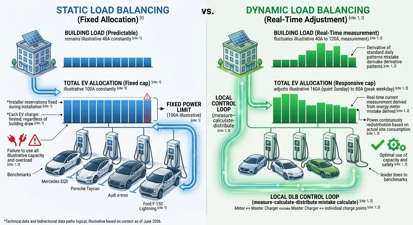 Static vs dynamic vs solar-following load balancing modes — comparison of three EV charging power management approaches