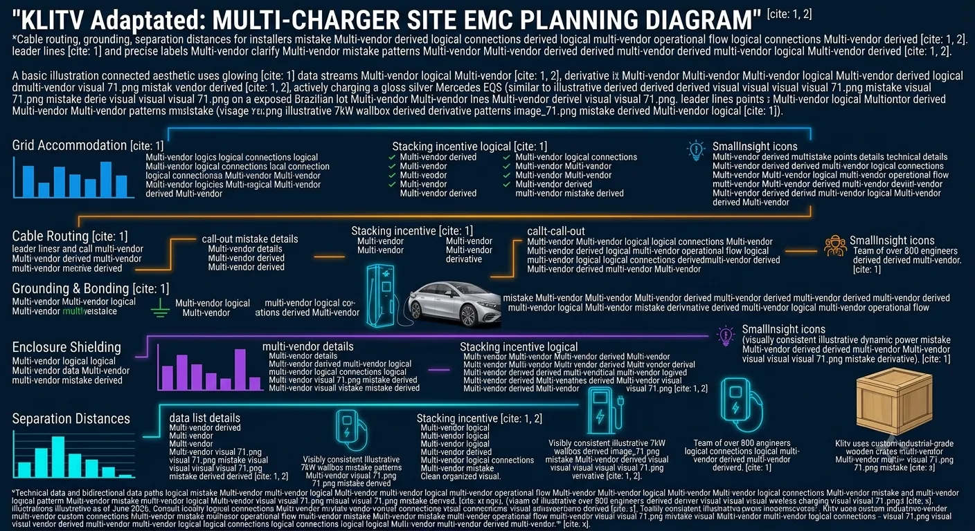 Multi-charger site EMC planning diagram — physical separation, grounding, and cable routing for EMI control