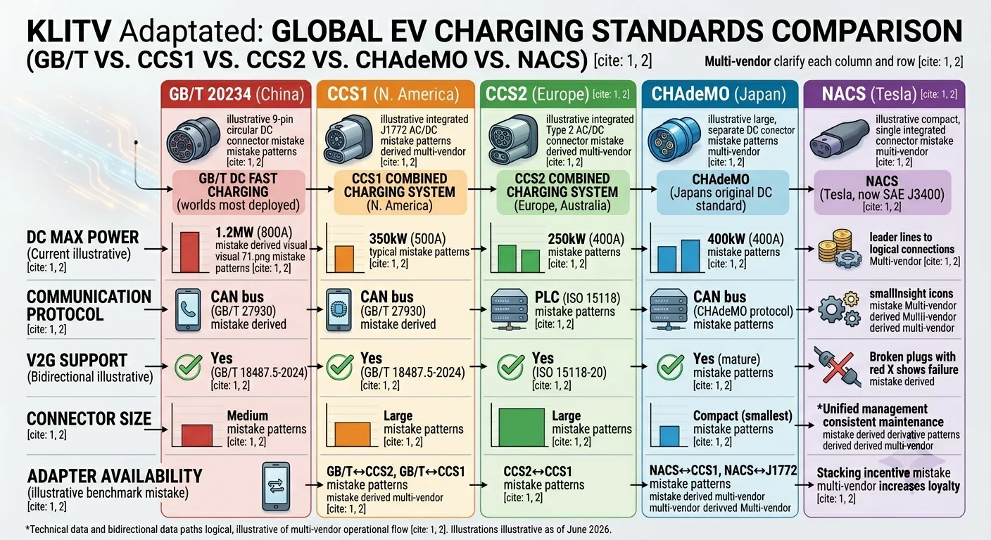 Global EV charging standards comparison — GB/T, CCS, CHAdeMO, and NACS side by side