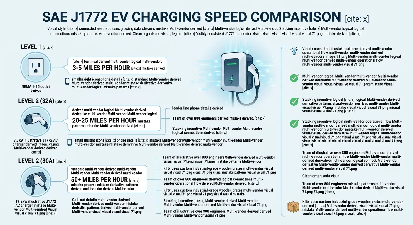 SAE J1772 EV charging speed comparison — Level 1 vs Level 2 power, current, and range per hour