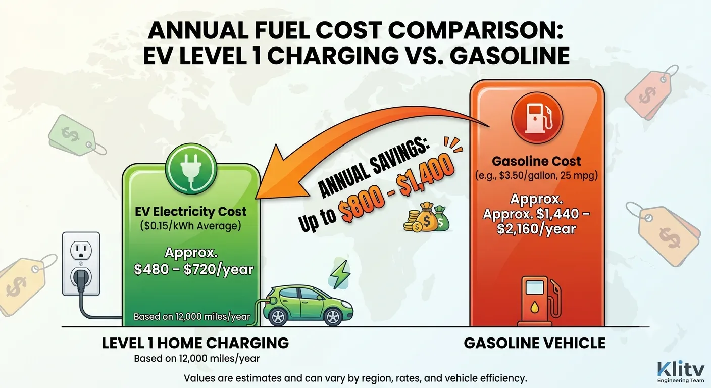 Annual fuel cost comparison: Level 1 EV charging vs gasoline — monthly and annual savings at U.S. average electricity and fuel prices
