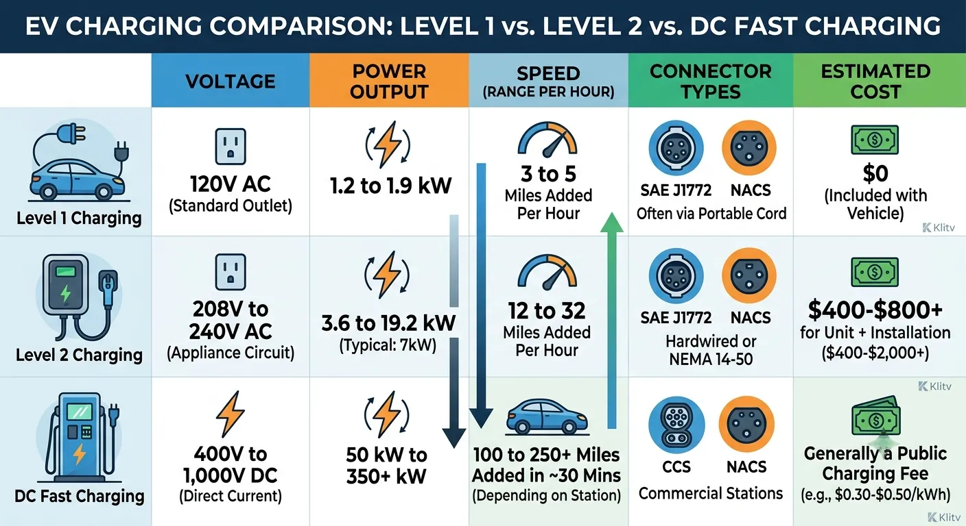EV charging comparison: Level 1 vs Level 2 vs DC Fast Charging — voltage, power output, range added per hour, full charge time, and best use cases