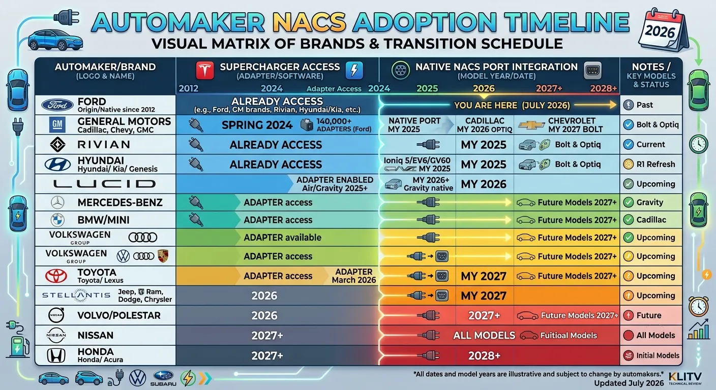 Automaker NACS adoption timeline — every manufacturer's switch date from 2023 to 2027
