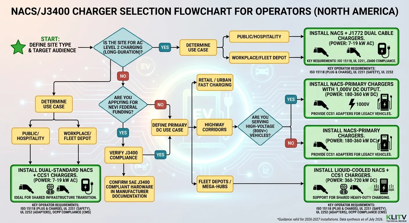 NACS J3400 charger selection flowchart for operators — certifications, power level, and manufacturer quality