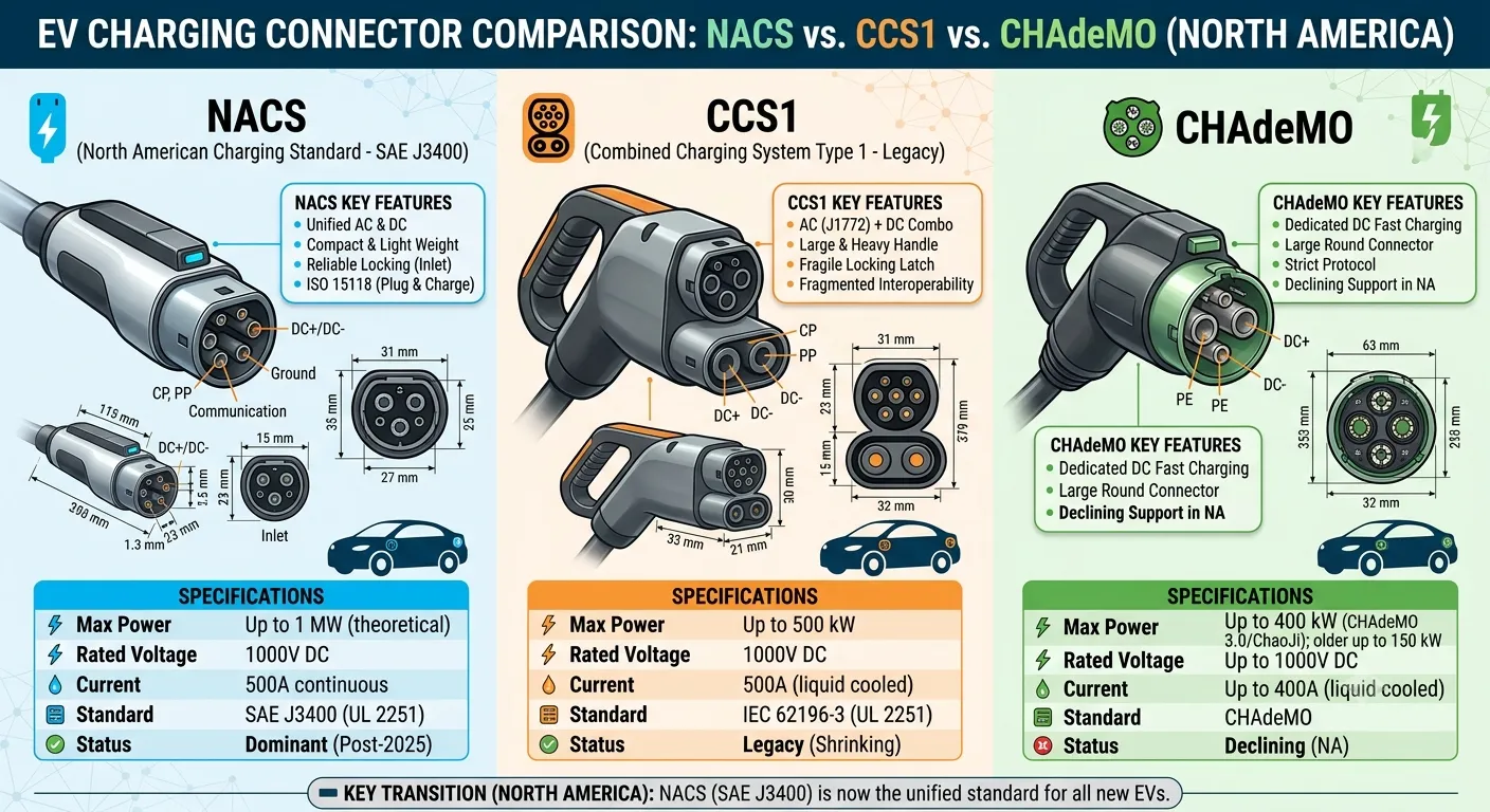 EV charging connector comparison — NACS vs CCS1 vs CHAdeMO size, pins, and capabilities