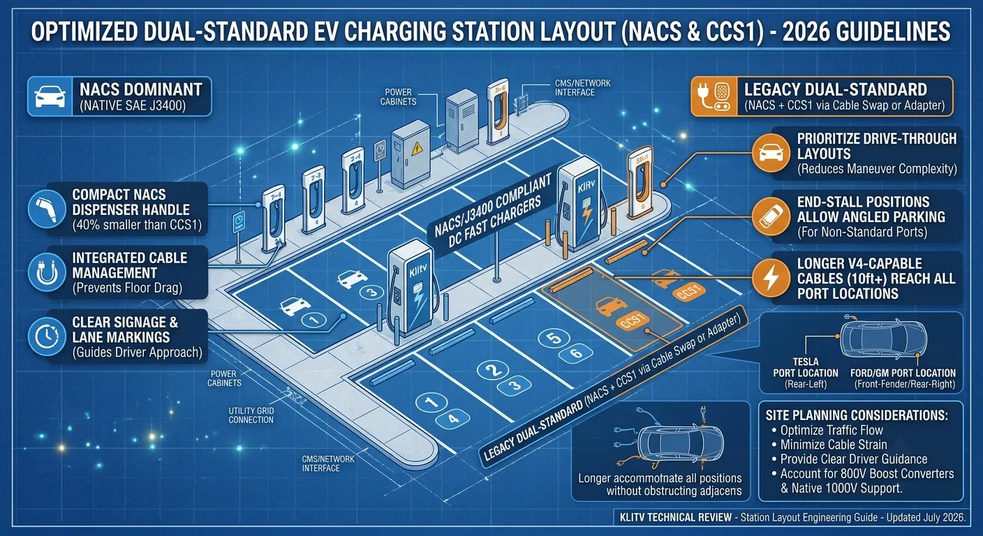 Optimized dual-standard EV charging station layout — NACS and CCS1 2026 guidelines