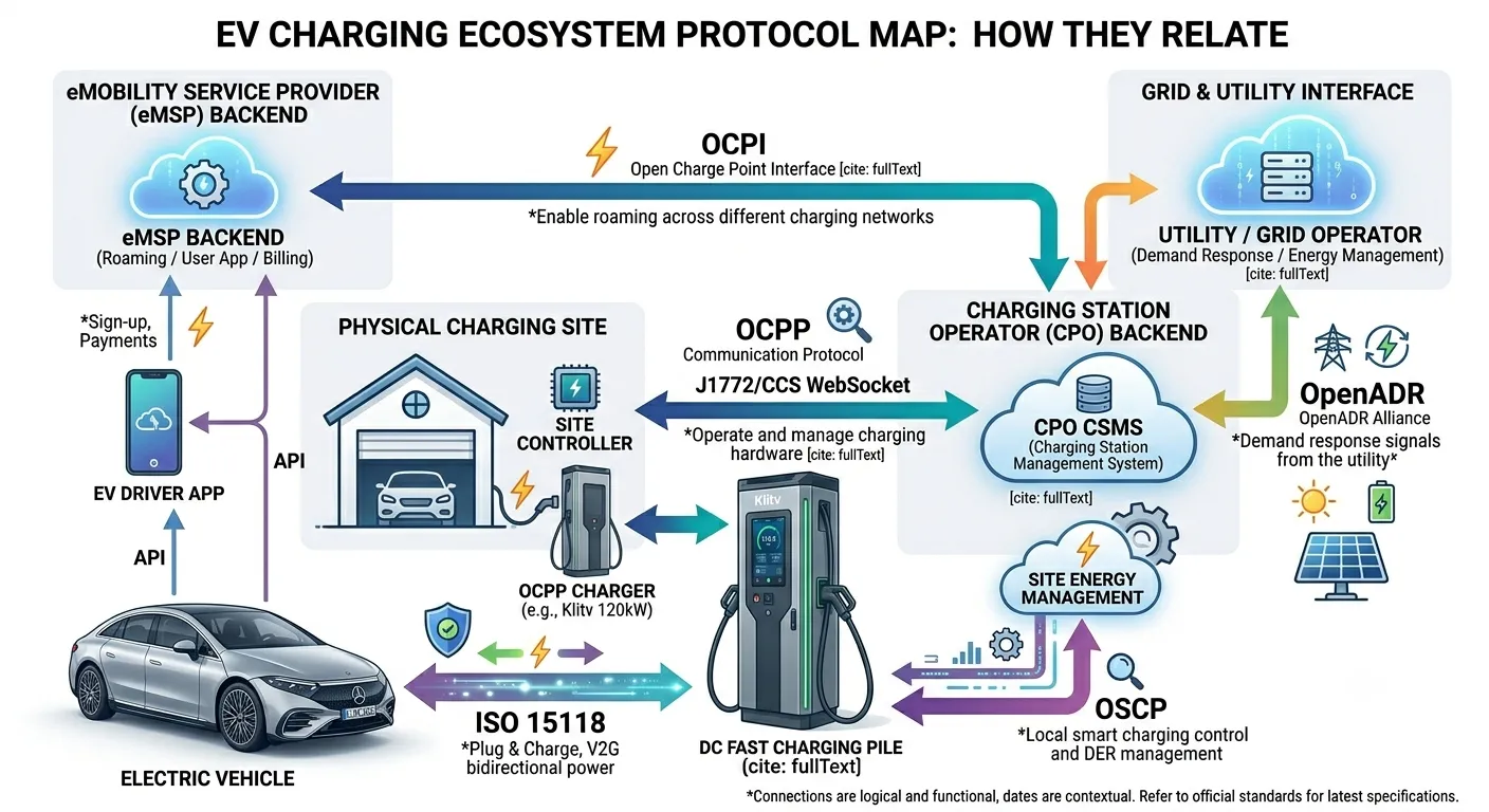 EV charging ecosystem protocol map — how OCPP, OCPI, ISO 15118, and OpenADR relate