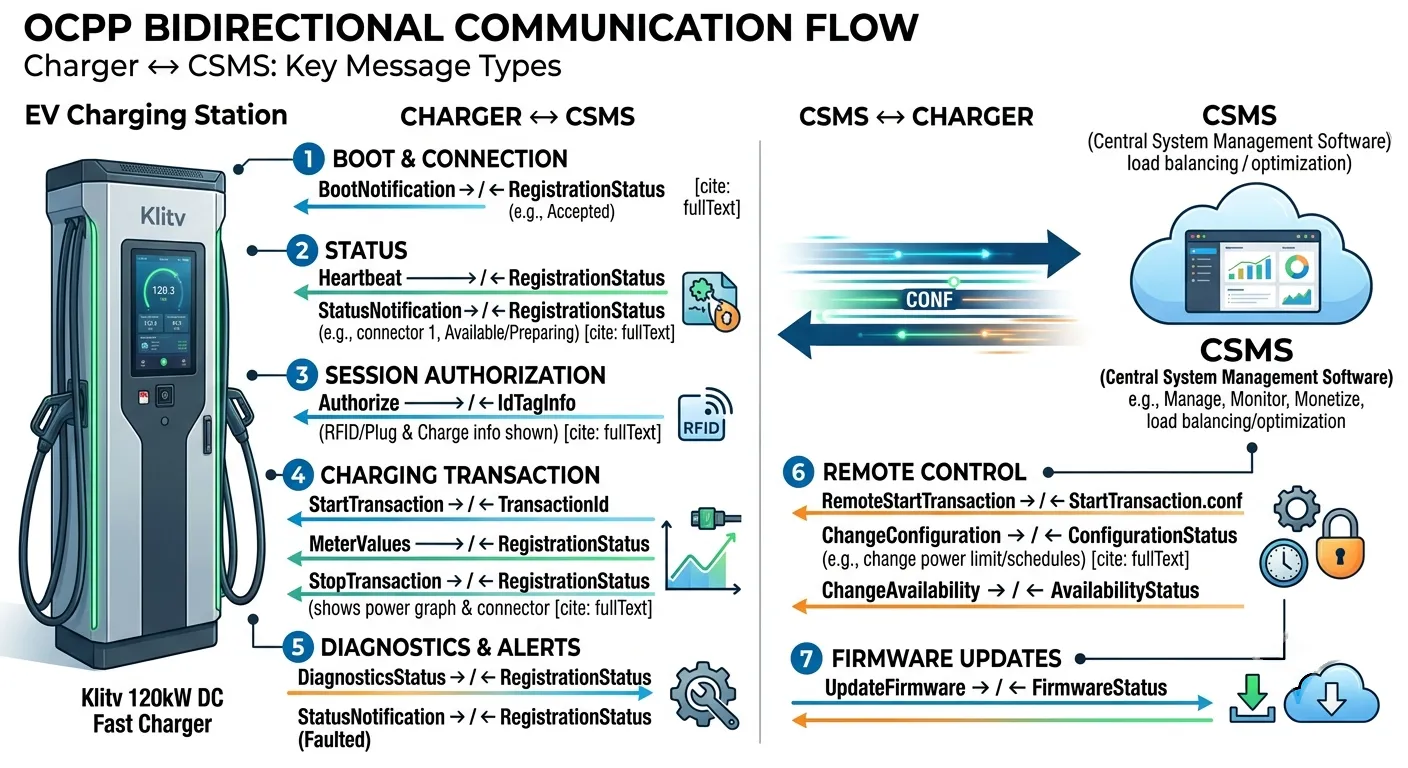 OCPP bidirectional communication flow — how chargers and backend management systems exchange data in real time