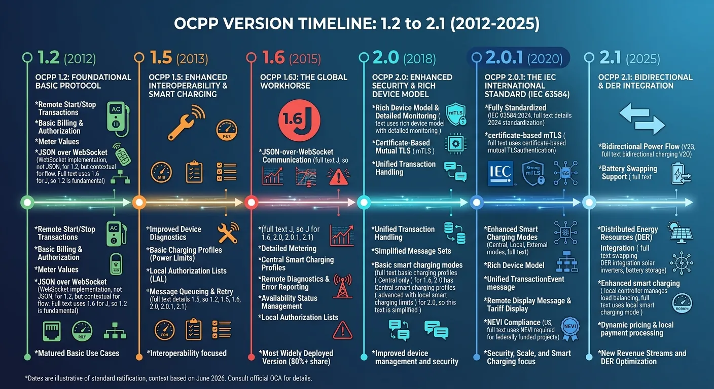 OCPP version timeline — evolution from 1.2 to 2.1 (2012–2025)