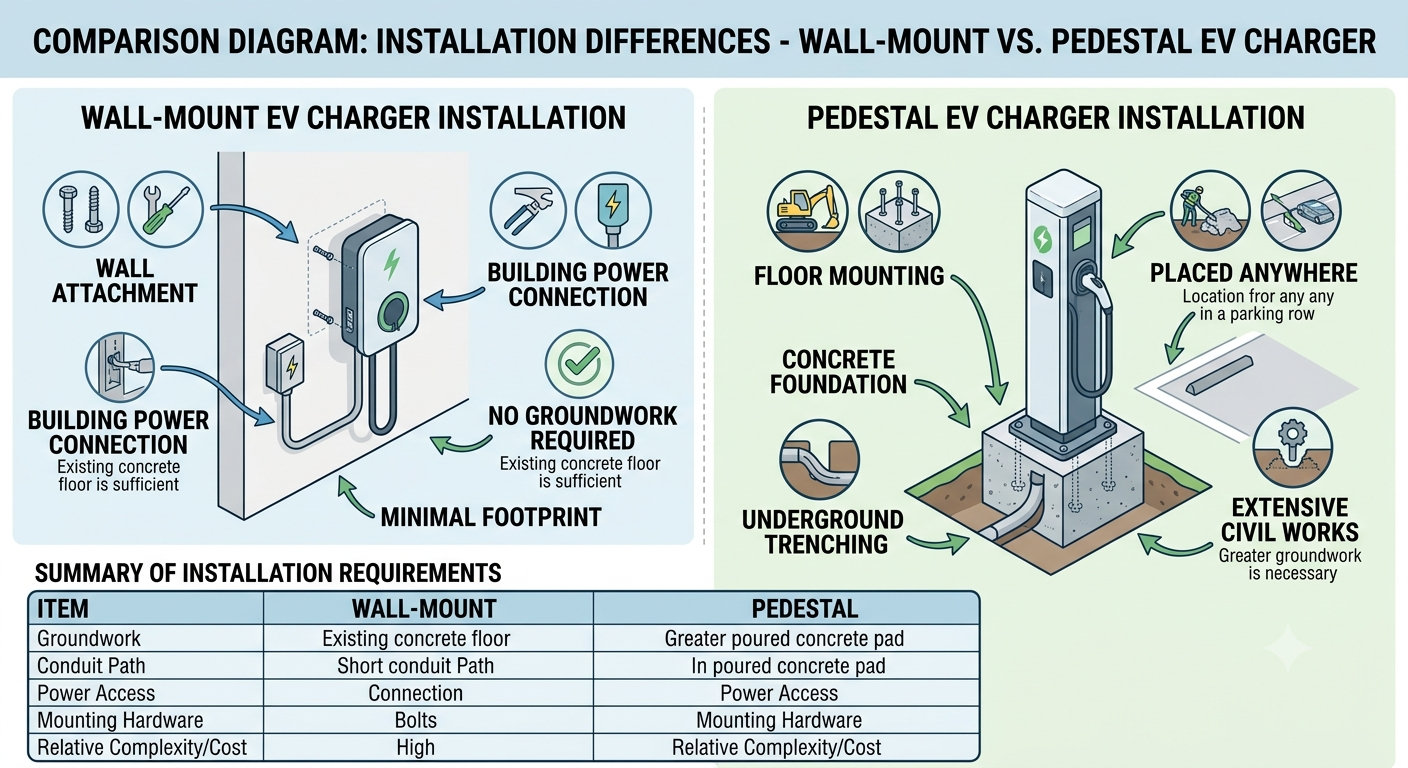 Pedestal EV charger overview — free-standing floor-mounted charging station with vertical column, foundation, and weather-resistant enclosure