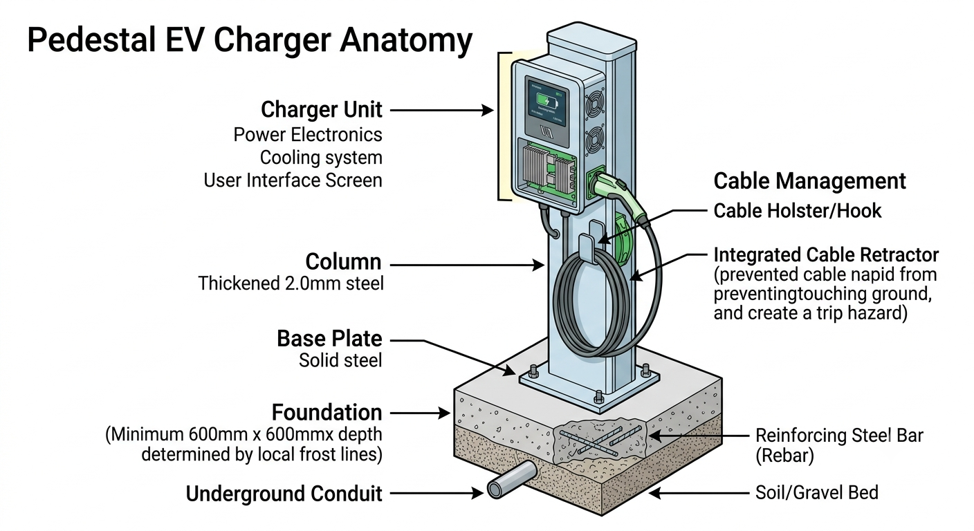 Wall-mount vs pedestal EV charger comparison — placement flexibility, installation cost, and site suitability